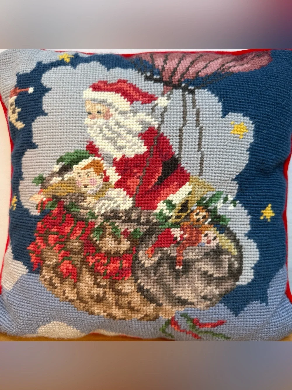 Vintage Imperial Elegance CHRISTMAS SANTA Needlepoint Hot Air Balloon Pillow 11